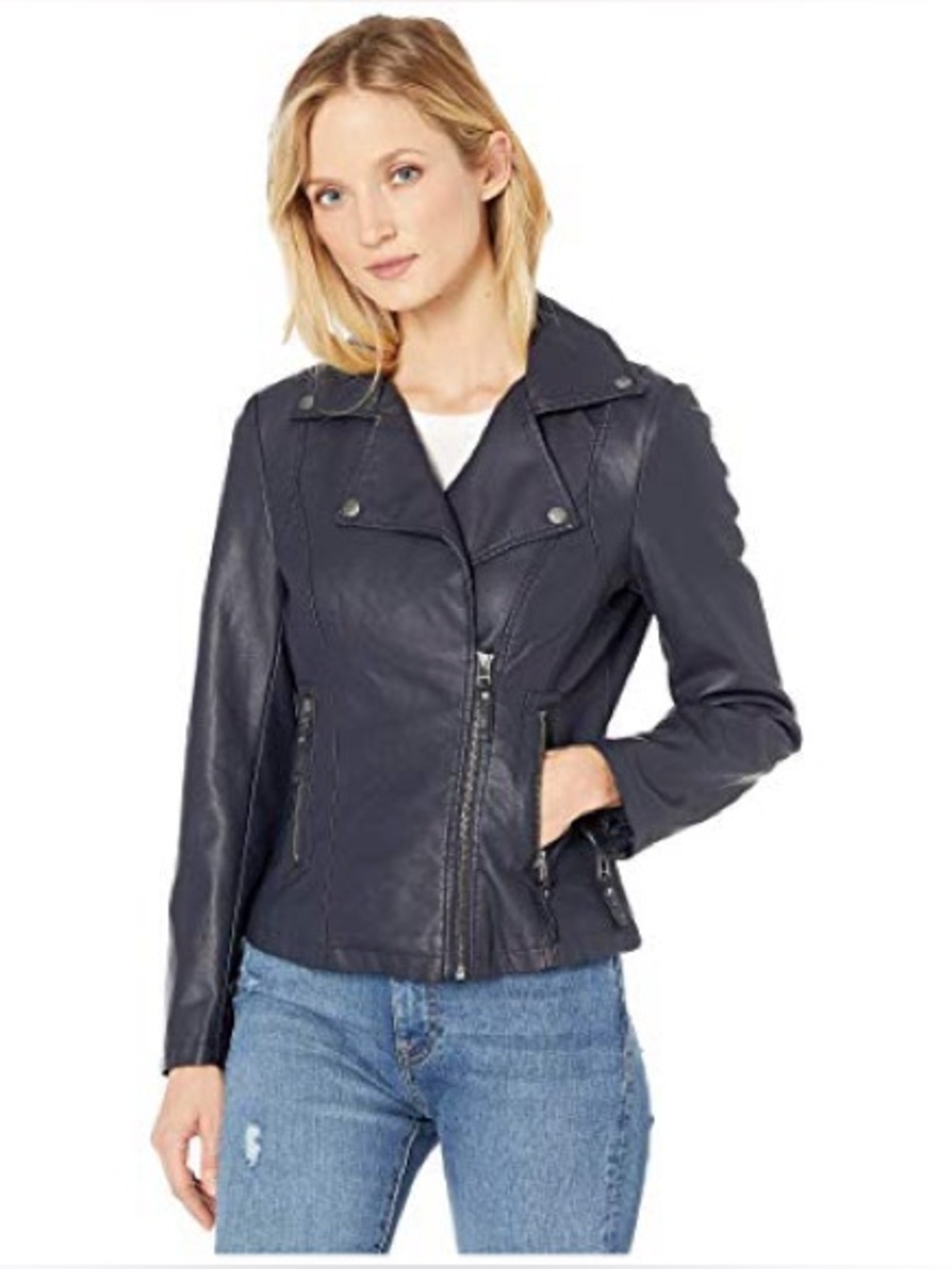 Max Studio Navy Blue Faux Leather Moto Jacket NWT Size M